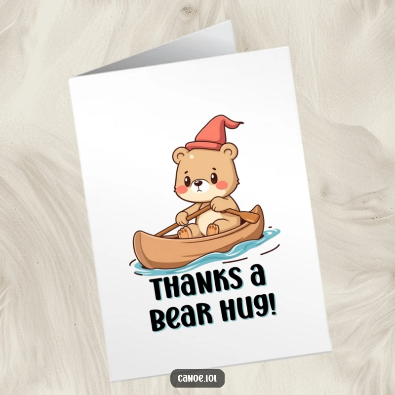 Funny Free Printable Thank You Card: A bear cub steering a canoe with a determined look, sending thanks.