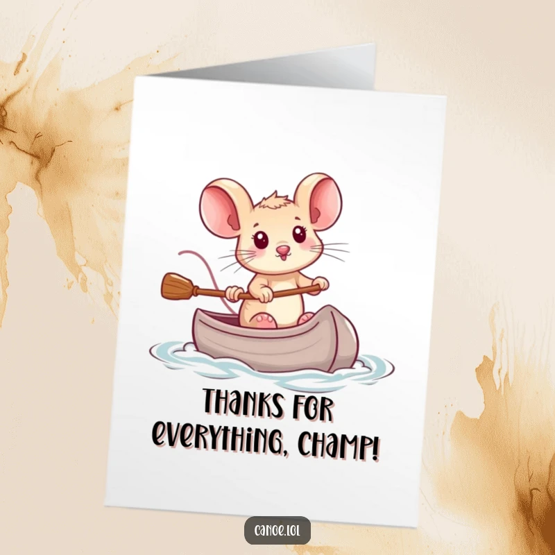 Funny Free Printable Thank You Card: Brave mouse piloting a miniature canoe, expressing heartfelt gratitude with quiet determination.