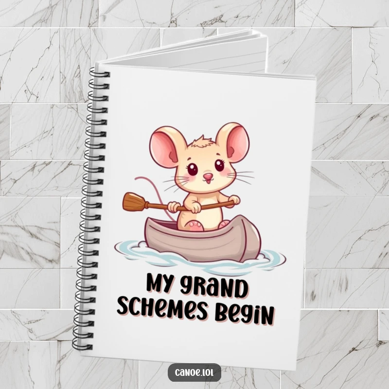 Funny tiny brave mouse steering a miniature canoe with determination, a humorous notebook for capturing plans.