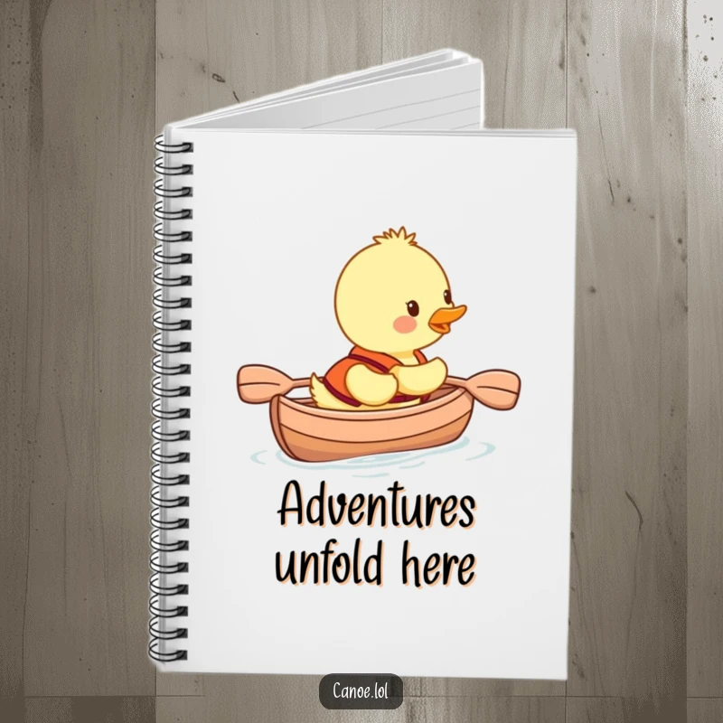 Funny duckling in a life vest paddling a canoe, a humorous notebook for jotting down ideas and dreams.