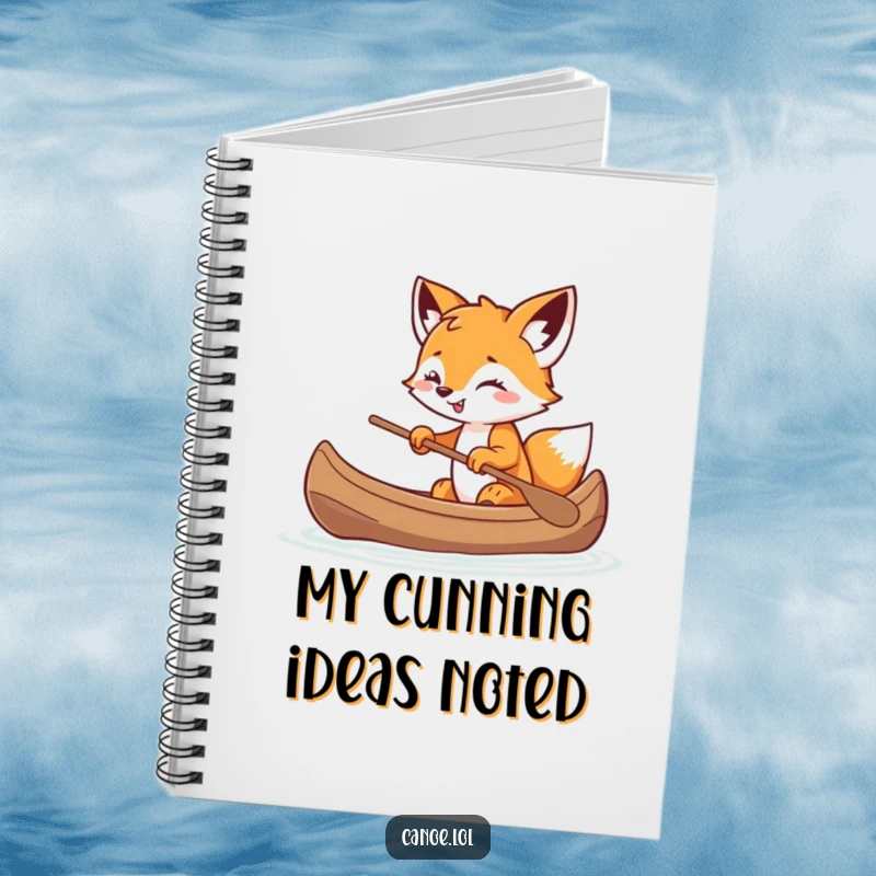 Funny playful fox cub balancing in a canoe with a mischievous grin, a humorous notebook for jotting ideas.