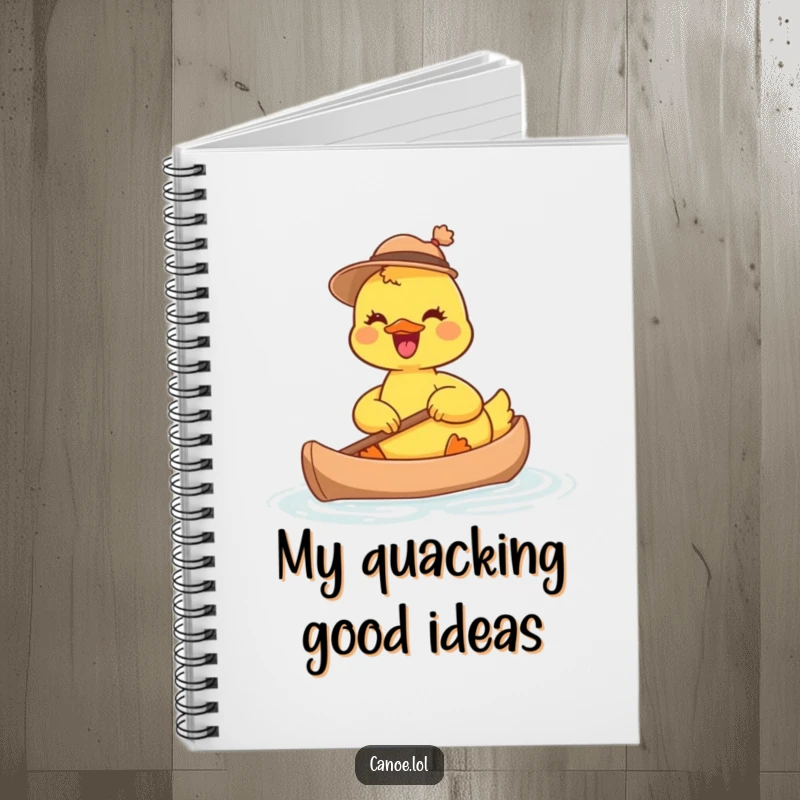 Funny joyful duckling wearing a tiny hat, paddling a miniature canoe, a humorous notebook for jotting thoughts.