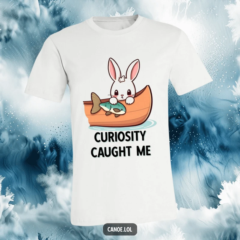 Funny curious rabbit peeking over the side of a canoe at a fish, a humorous t-shirt for anglers and animal lovers.