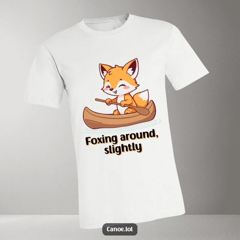 Funny playful fox cub balancing precariously in a canoe with a mischievous grin, a humorous t-shirt graphic.