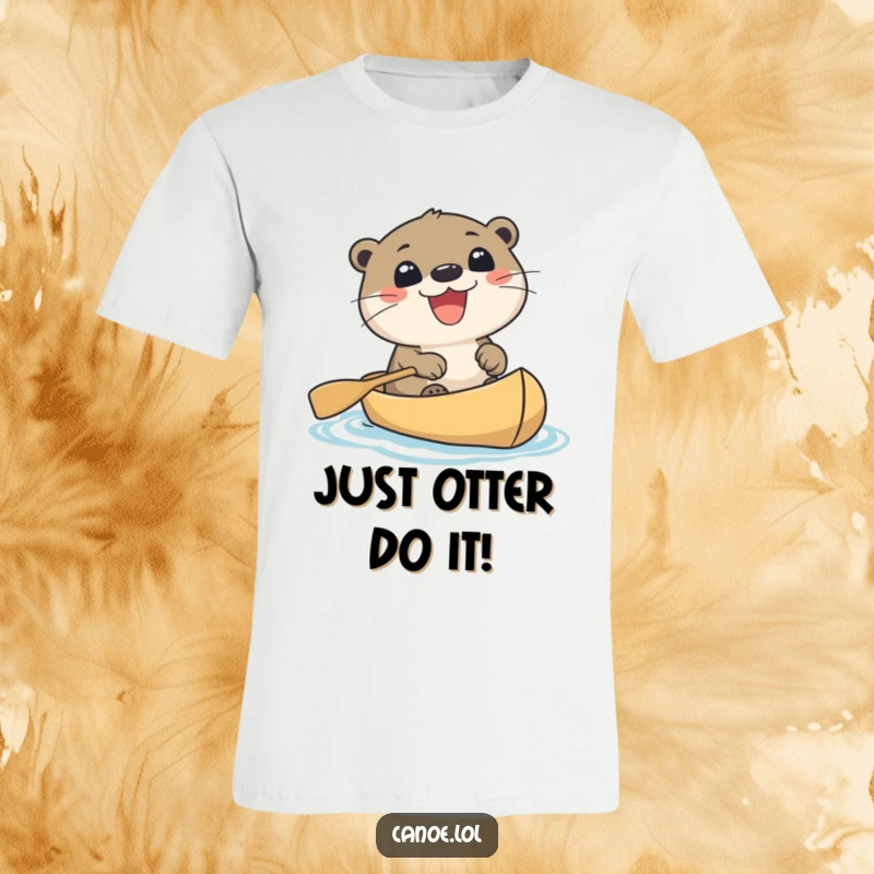 Funny cute otter with a wide, excited grin paddling a small canoe, personifying joy and adventure. A humorous wildlife t-shirt.