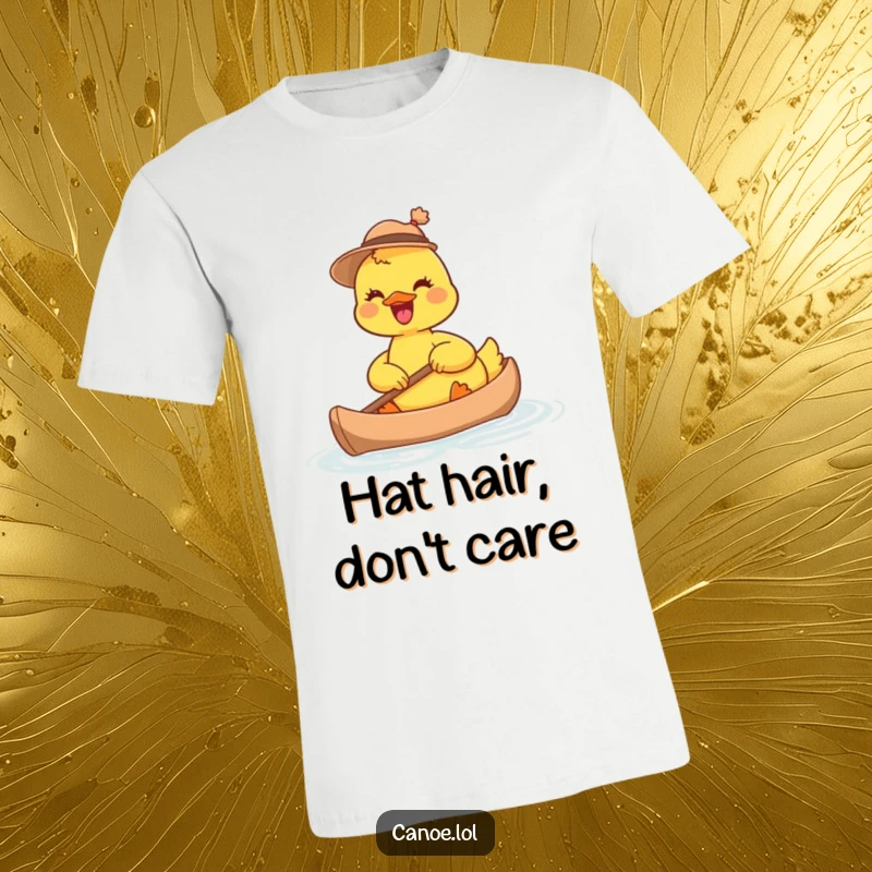 Funny joyful duckling in a tiny hat, enthusiastically paddling a miniature canoe, a whimsical and humorous t-shirt.