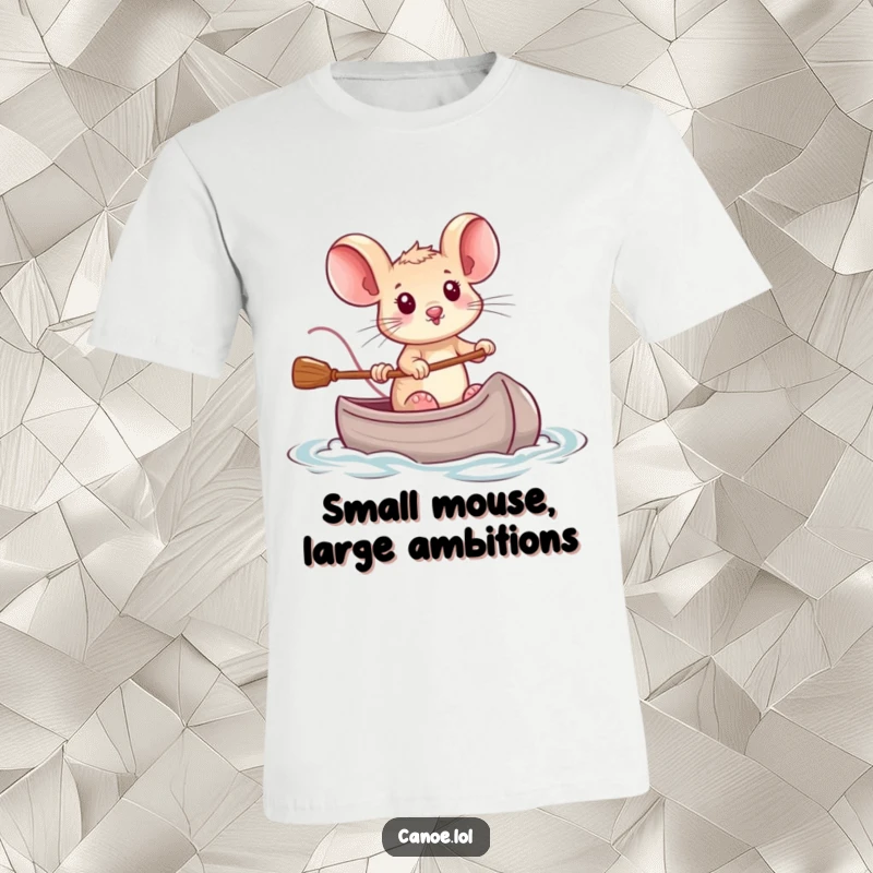 Funny tiny brave mouse steering a miniature canoe with fierce determination, a heroic and humorous t-shirt graphic.