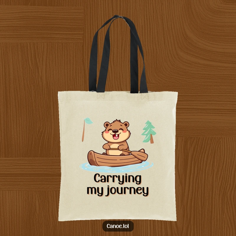 Funny tote bag featuring an excited beaver paddling a canoe with a wide grin, perfect for carrying adventure essentials.