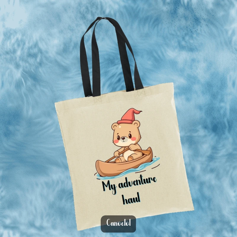 Funny Tote Bag with a cute bear cub steering a canoe with determination, practical and stylish.