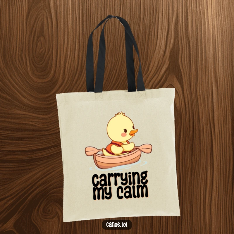 Funny duckling in a life vest smiling in a canoe, a durable and humorous tote bag for everyday use.