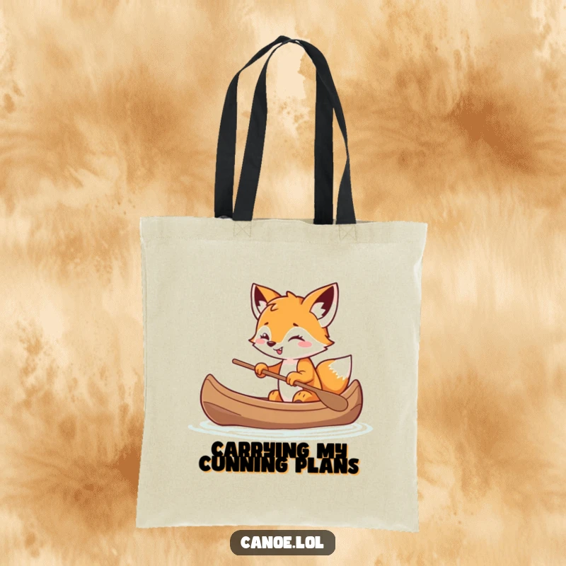 Funny playful fox cub balancing in a canoe with a mischievous grin, a humorous and practical tote bag.
