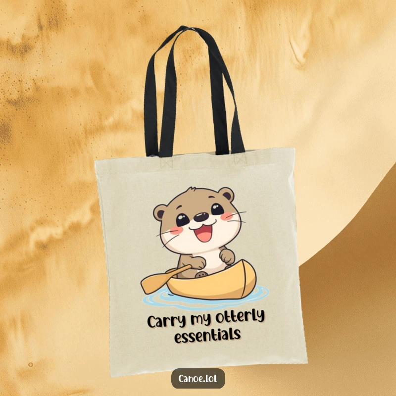 Funny cute otter with a huge excited grin paddling a canoe, ready for errands or adventures. A humorous and practical tote.