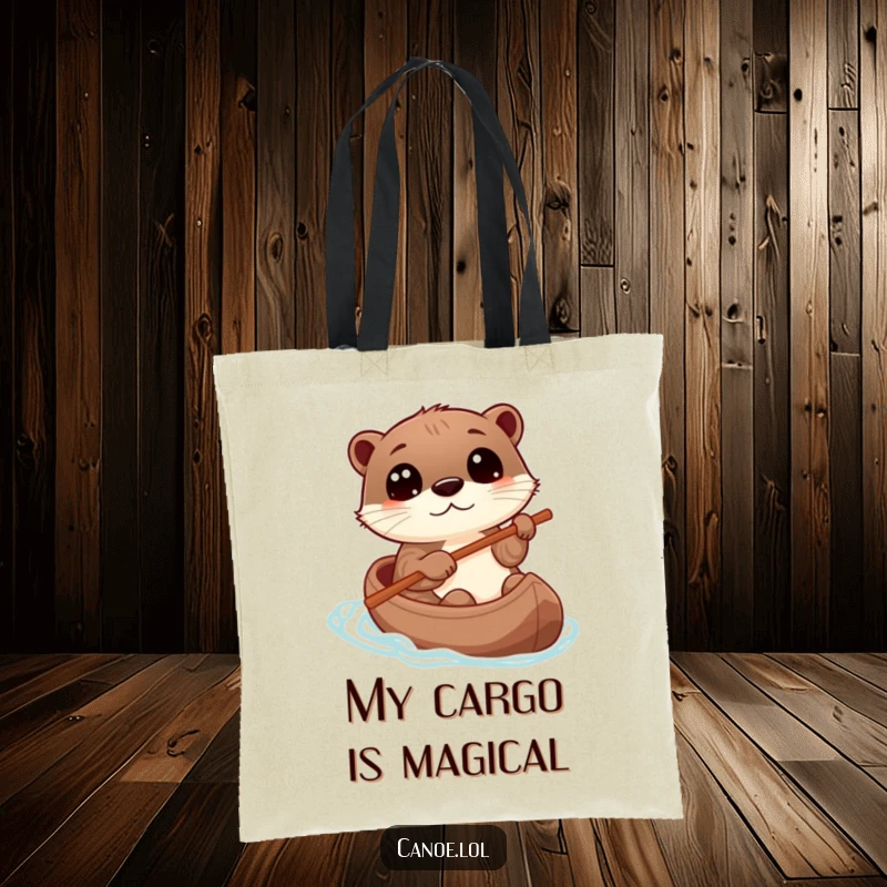 Funny otter steering a canoe with a stick, eyes wide with wonder, a humorous and practical tote bag.