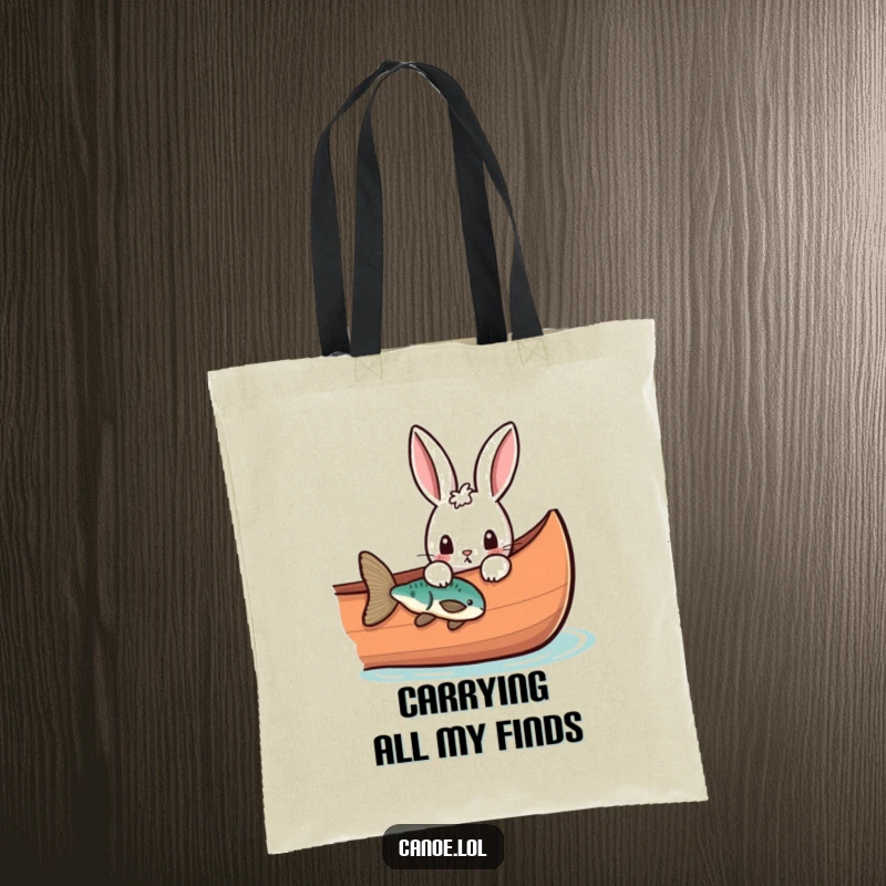 Funny curious rabbit peeking over the side of a canoe at a fish, a humorous and practical tote bag.