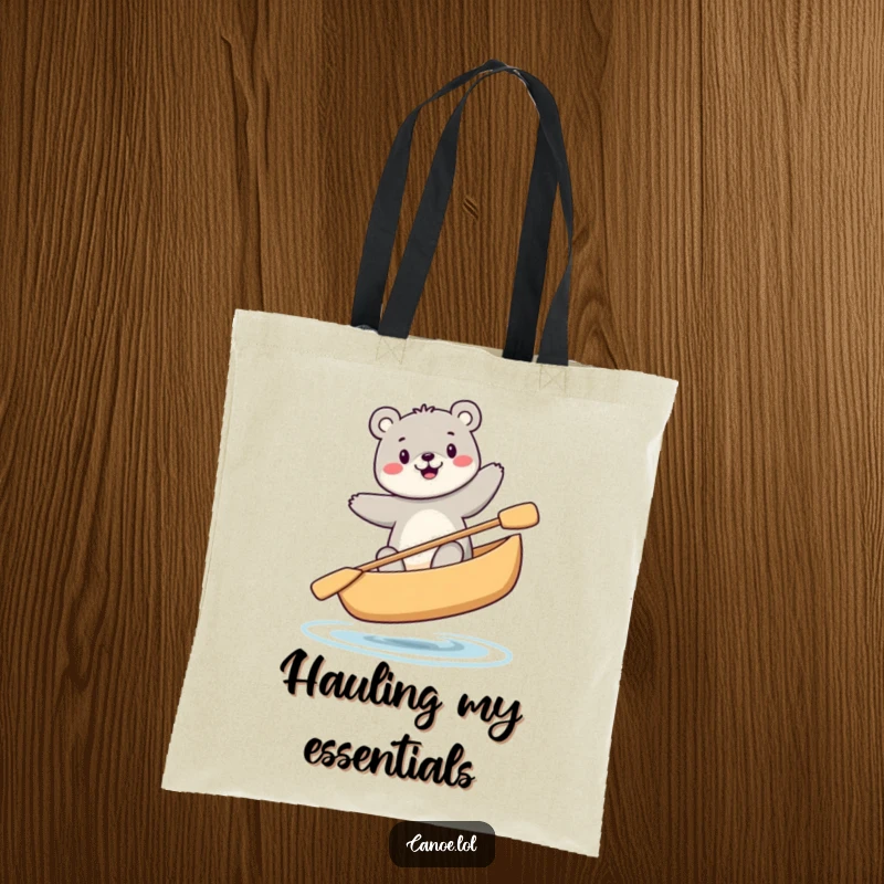 Funny happy bear balancing precariously while sitting in a canoe, a humorous and practical tote bag.